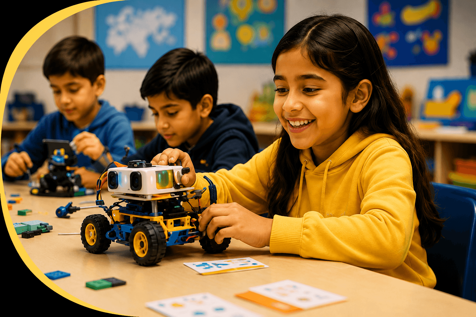 Students building robots in class